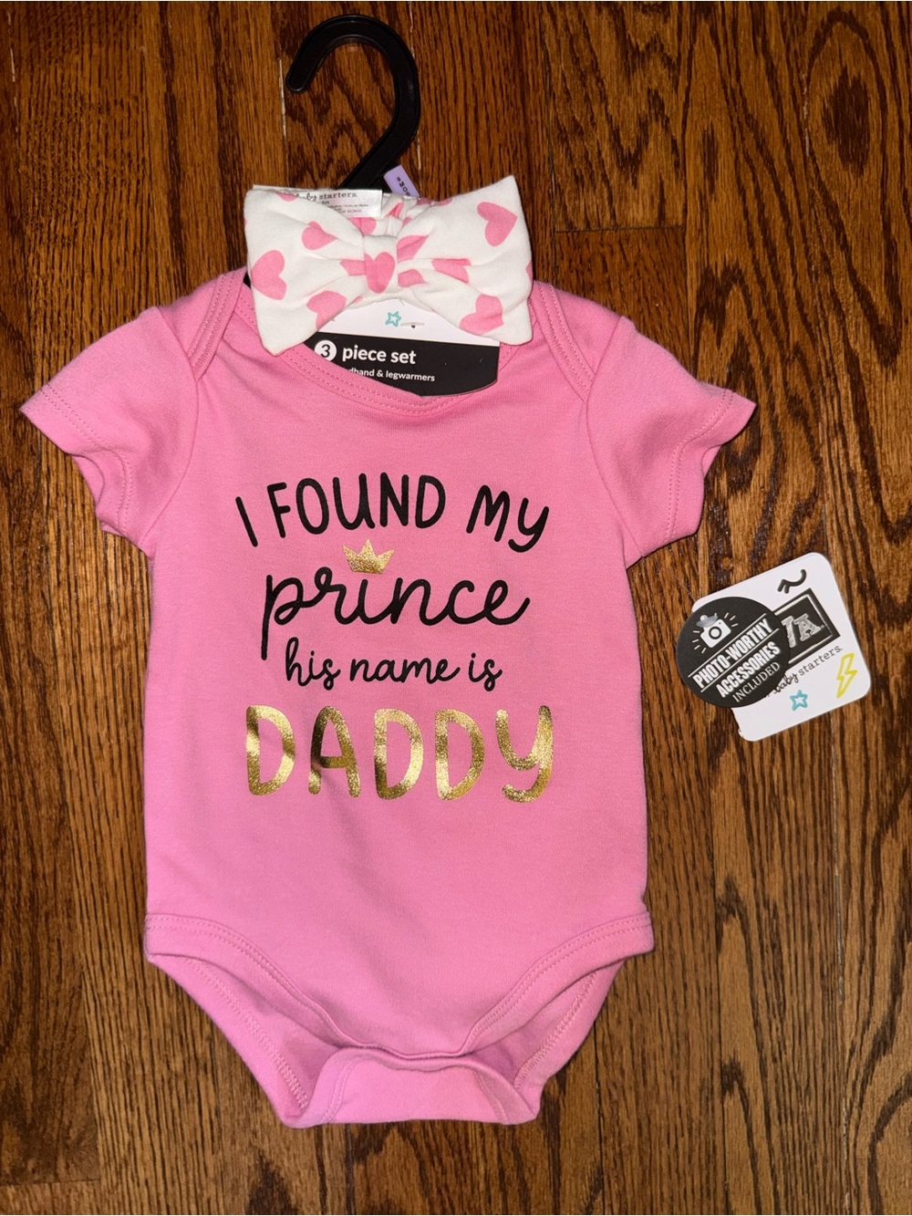 3-Piece Pink Baby Matching Set with Heart Headband - I Found My Prince Daddy